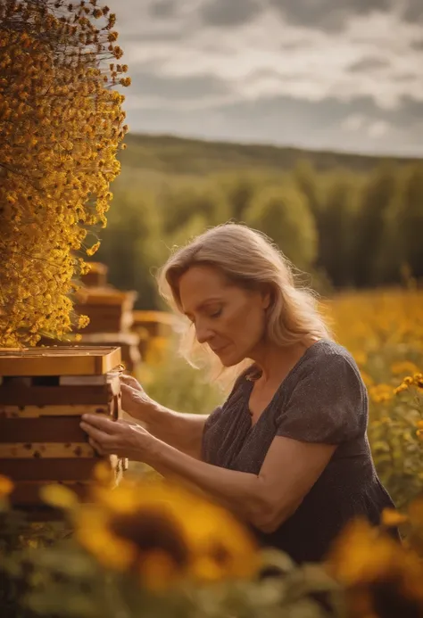 45 years old woman in nature beehives flowers high detail 4k