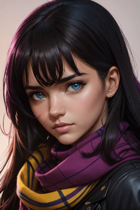 retrato del rostro muy detallado joven hermosa mujer colombiana, ojos azules, tartan scarf, Amarillo degradado/negro/brown/magenta, grunge aesthetic, por Atey Ghailan | Greg Rutkowski | Greg Tocchini | James Gilleard | Joe Fenton | Carnicero Kaethe