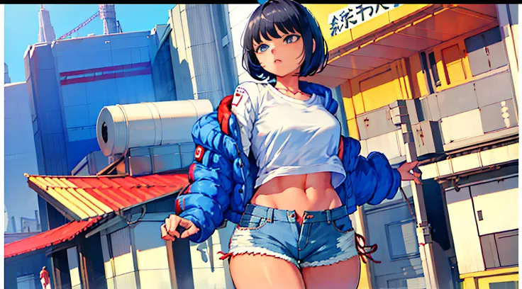 1girl, short black hair, blue eyes, wearing plain white shirt, denim shorts, tokyo, absurdres, high res, ultrasharp, 8k, masterp...