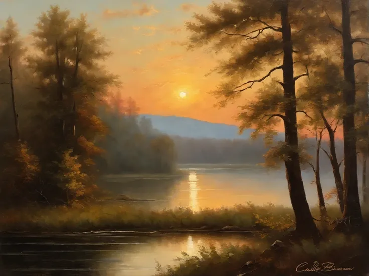 Dawn setting, tall skinny trees to the left side of a lake, with hand painted oil fine tip highlights, oil painting, pallette knife, , faded look, Asher Brown Durand, Camille Pissarro style, close up