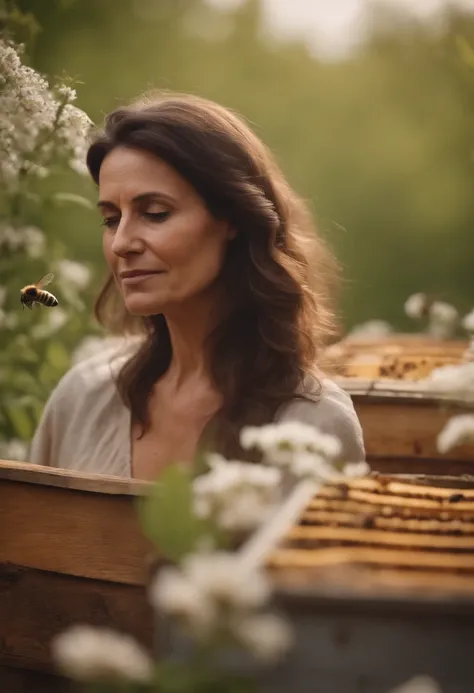 Woman 45 years old brunette in nature bees hives flowers high detail 4k