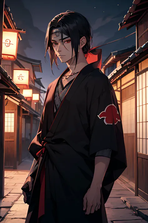 1 hombre, at night in a feudal Japan village, a black flannel with the symbol of the Uchiha Clan on the back and black trousers with a bag of weapons tied.