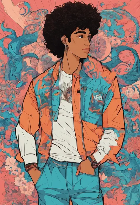 Boy with curly hair but not so big hair has a thickness of 3rd type of curly hair. Has a salmon colored skin a little dark is wearing a shirt of baby blue tone with the mages of dark blue color , imagem frontal, caio santos, Saadane AFIF, andrea rocha, Riy...