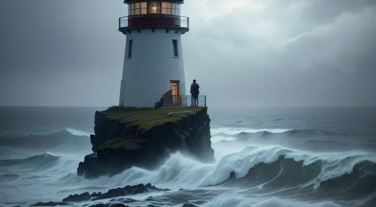 man standing on top of a lighthouse on a rainy night, (best quality, highres, masterpiece:1.2), detailed raindrops, dramatic lighting, stormy atmosphere, rugged coastline, hauntingly beautiful, waves crashing against the rocks, misty surroundings, solitary...