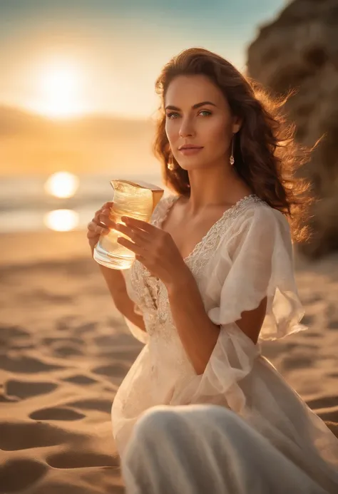 (best quality,4k,8k,highres,masterpiece:1.2),ultra-detailed,realistic:1.37,wonderful scene,a woman sitting on the edge of the beach, holding a bottle of alcohol,beautiful detailed eyes,beautiful detailed lips,extremely detailed face and eyes,long eyelashes...