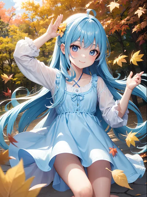 1girl in、Light blue long hair、Twin-tailed、A charming smile、A delightful!　colorfull dress、Flower Fairy、the wind、suns、Background of autumn leaves、Falling leaves flutter(Some photos)