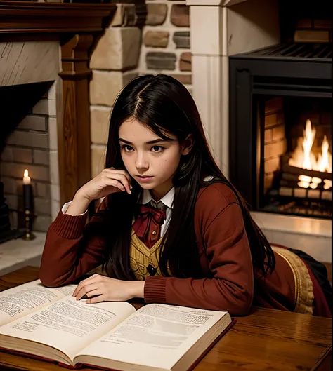 Depict the girl in the Gryffindor common room, surrounded by books, parchment, and a cozy fireplace, engrossed in her studies.