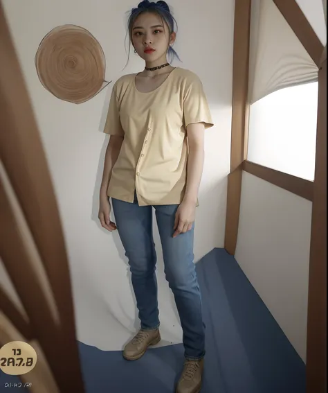 Ace, 4k, High Resolution, Masterpiece, Best Quality, Head: 1.3, (Korean K-pop Idol), Fine Skin, Sharp Focus, (Cinema Lighting), [: (detailed face:1.2):0.2], (((blue skinny jeans, beige oversized tshirt, round face, ponytail, cute girl, curvy body, petite, ...