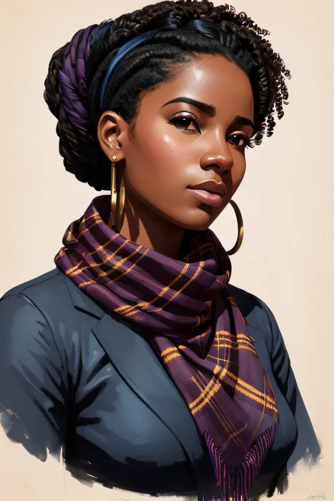 Portrait of the very detailed face Young beautiful black Colombian woman from Cartagena and Medellín, ojos azules, tartan scarf, Amarillo degradado/negro/brown/magenta, grunge aesthetic, por Atey Ghailan | Greg Rutkowski | Greg Tocchini | James Gilleard | ...