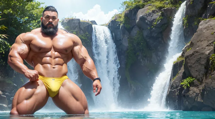 A Chinese bodybuilder，short detailed hair, Wear bright gold thong panties，Stand under the waterfall，There are rainbows, Short beard perfect figure with tattoos, Very huge and strong body, Bulging muscles, musculous, Very large pectoral muscles，Very sexy ab...