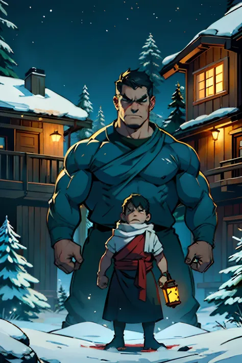 A angry family, frowning, making angry gestures, arms crossed, fists shaking, background is a house in a wintery pine forest at night, eerie light, mood is anger, animosity, character design.