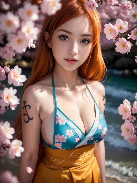 (masterpiece, best quality:1.4), (standing:1.5), (outside at the beach), 1girl, nami (one piece), 1girl, cherry blossoms, falling petals, gold, japanese clothes, kimono, log pose, long hair, looking at viewer, open mouth, orange hair, petals, shoulder tatt...