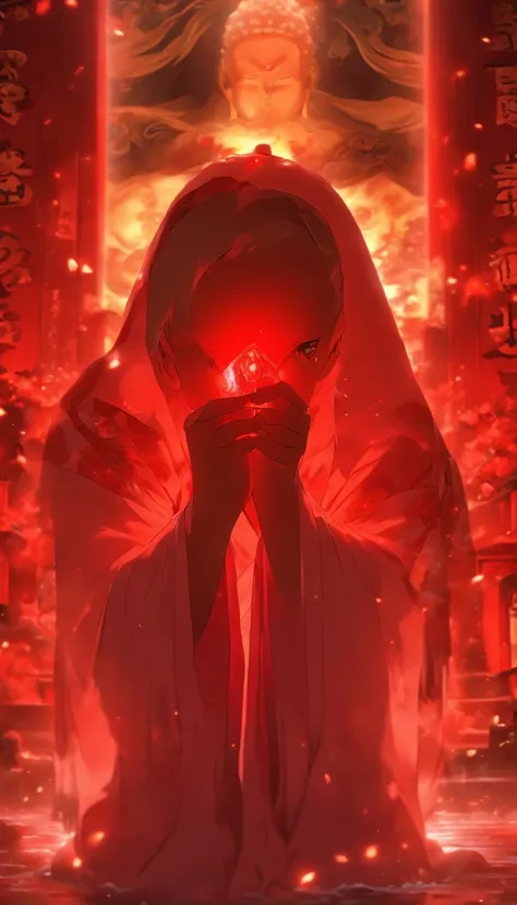 Blood red room, Flashing white TV screen, BUDDHA STATUE, Cover one eye and face, Bright red eyes, Wearing a white transparent robe, Looming full breasts,liquor,Devil， reaching out her hands，Straighten your body, Red nails are exposed, Pinch the camera, hyp...