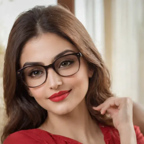 so beautiful Iranian girl with a wheatish complexion, an innocent and charming smile, large green eyes, wearing a red silky sexy blous, her light brown hair flowing, black sun glasses, using mobile in bed room,