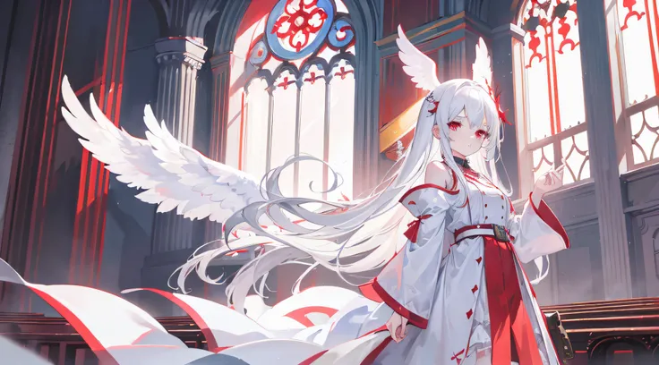 1girl, long white hair, red eyes, wearing white robe, angel wings, castles church, absurdres, high res, ultrasharp, 8K, masterpiece, looking at viewer