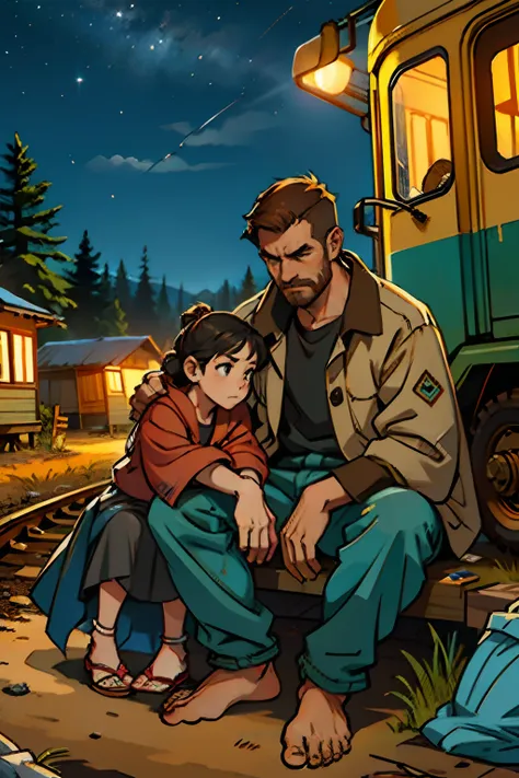 A husband, wife and a child sitting round a small camp fire, homeless, wearing worn out clothes, frowning, background is autumn dead trees, railroad tracks, mood is sad, degrading poverty, night time light, character design.