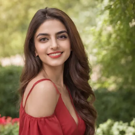 so beautiful Iranian girl with a wheatish complexion, an innocent and charming smile, large green eyes, wearing a red silky sexy dress, selfie, her light brown hair flowing, black sun glasses,