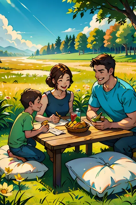 A happy family, having lunch at a picnic table, husband, wife and child, background is corn field, mood is happy, appreciative, progressive, daytime light, character design.