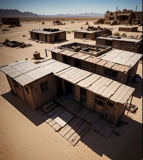 Design a Mad Max-style desert outpost or settlement, complete with ramshackle buildings, salvaged materials, and a sense of desolation.