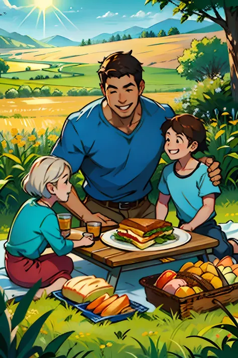 A happy family, having lunch at a picnic table, husband, wife and child, background is corn field, mood is happy, appreciative, progressive, daytime light, character design.