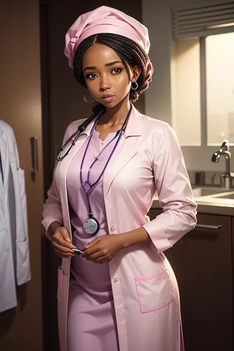 Hausa woman in a pink dress with a stethoscope and a white shirt, by Chinwe Chukwuogo-Roy, medical doctor, doctor, inspired by Chinwe Chukwuogo-Roy, wearing lab coat and a blouse, amazing professional picture, with a stethoscope, medical photography, head ...