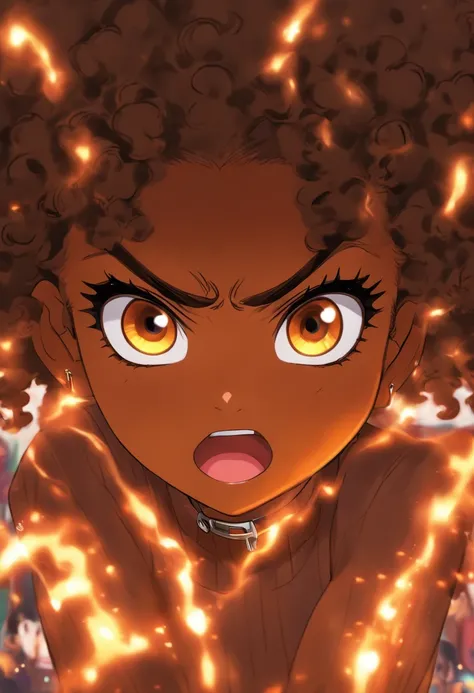 ,((dark-skinned female, melaninated female ,,chocolate-skinned female)), black hair, short curly afro, hair bobbles, headshot,remote control (masterpiece, ultra-detailed,best-quality, 2040hd) visual novel, scared