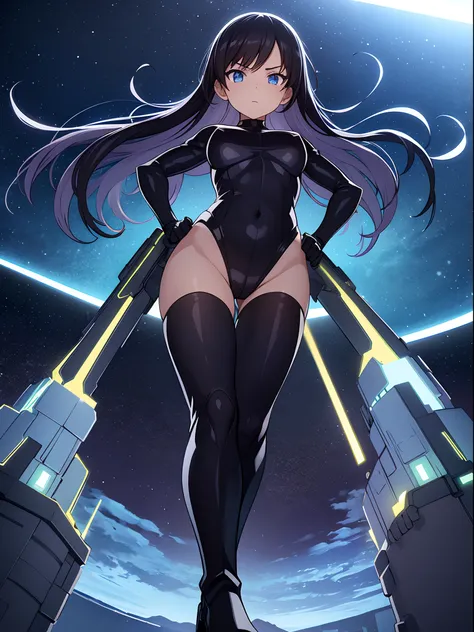 1girl, good anatomy, good hands, superhero, leotard, bare legs, knee boots, gloves, hands on hip, body infused with energy, standing, space backdrop, heroic, beautiful detailed eyes