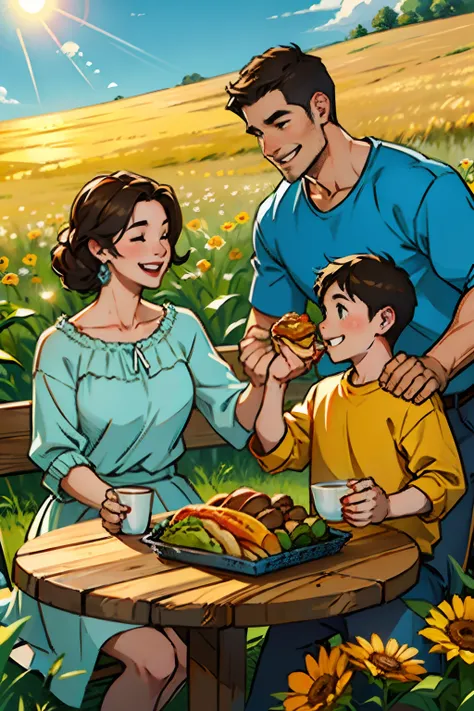 A happy family, having lunch at a picnic table, husband, wife and child, background is corn field, mood is happy, appreciative, progressive, daytime light, character design.