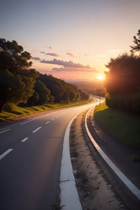 Road that leads to a very beautiful sunset, simbolismo de crescimento e sucesso. Adjust lighting