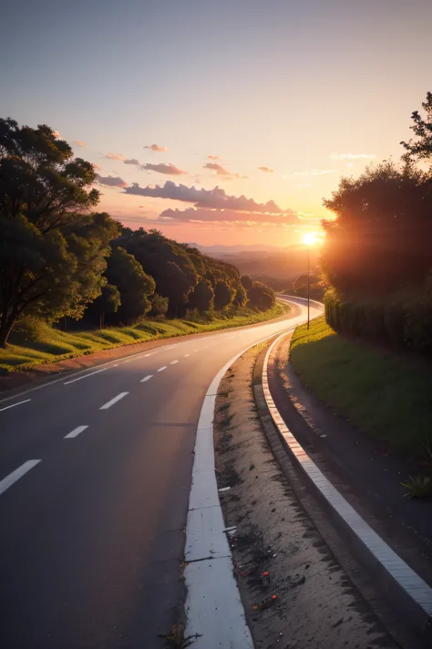 Road that leads to a very beautiful sunset, simbolismo de crescimento e sucesso. Adjust lighting