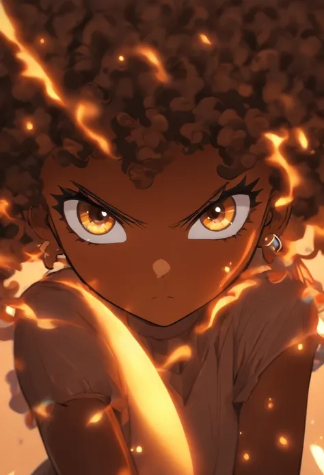 ,((dark-skinned female, melaninated female ,,chocolate-skinned female)), black hair, short curly afro, hair bobbles, headshot,remote control (masterpiece, ultra-detailed,best-quality, 2040hd) visual novel, surprised