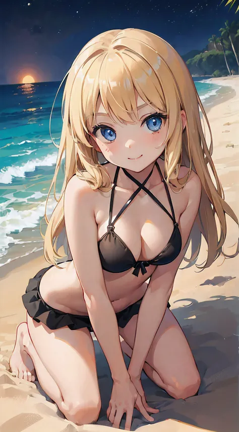 (((cute little loli))),(((very fine face))),(blonde),(blue eyes),(seductive),(smile),(medium breasts),(black bikini without skirt), ((kneel down)),(beach),(night time)