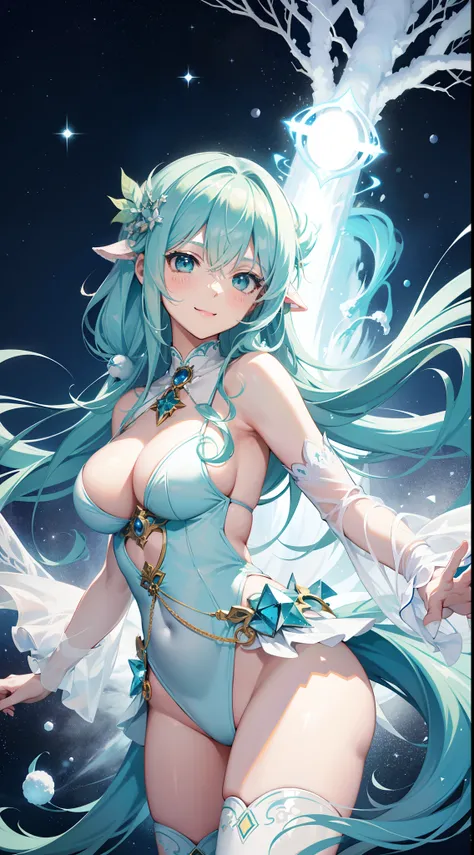 hposing Gravure Idol　a beauty girl　A charming smile　sky blue hair　length hair　Twin-tailed　Bright white and green thin outfit　Mystical　fantasy

Spirit of Polar Light
World of ice and snow
The power of light and magic
Guardian of nature
Symbol of good luck o...