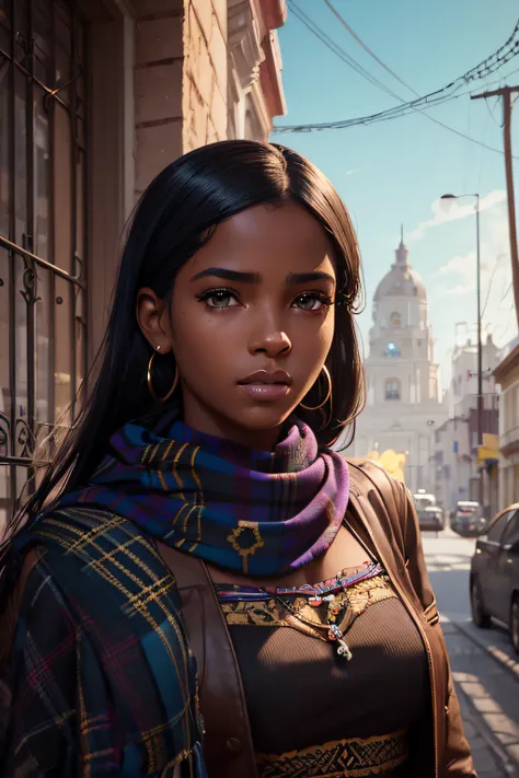 Portrait of the very detailed face Young beautiful black Colombian woman from Cartagena and Medellín, ojos azules, tartan scarf, Amarillo degradado/negro/brown/magenta, grunge aesthetic, por Atey Ghailan | Greg Rutkowski | Greg Tocchini | James Gilleard | ...