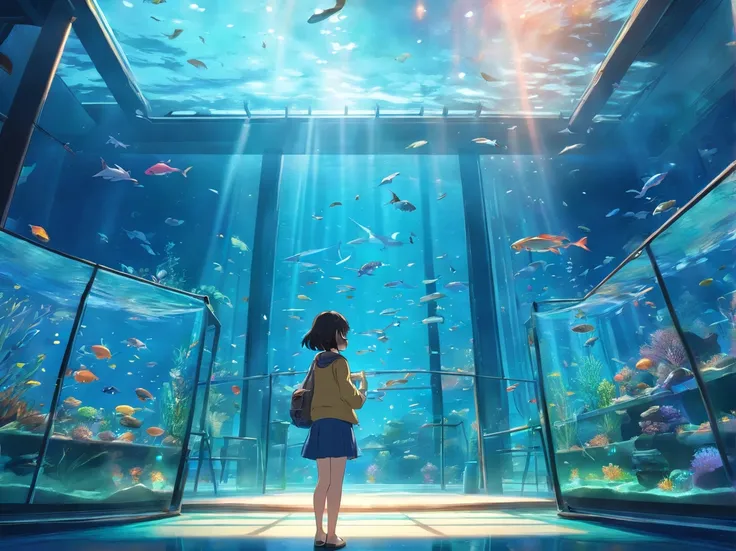 Beautiful aquarium with fish swimming in a huge glass aquarium,
Fantastic aquarium with twinkling lights,Dynamic and beautiful shading,
A breathtakingly beautiful sight,Beautiful little girl staring at fish in front of aquarium、Rear view of the girl,
(Best...