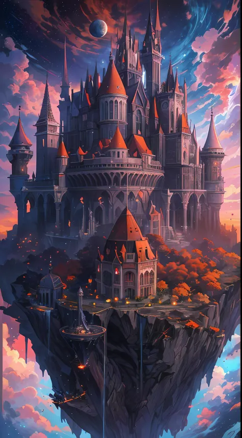 A futuristic dark castle built atop a massive floating asteroid, surrounded by a nebula filled with vibrant colors, cosmic clouds, and celestial bodies, giving it an otherworldly appearance, the castles architecture merges advanced technology with gothic e...