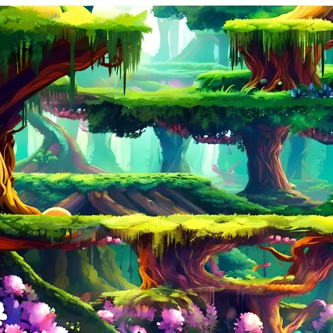 There is a horizontal platform of a mystical forest in a concept art for a 2D game, arte conceitual, paisagem horizonal, jogo de plataforma 2d, Plataformas :1.2, (obra prima),(melhor qualidade), 8k, dynamic light, dynamic shadows, Videogame