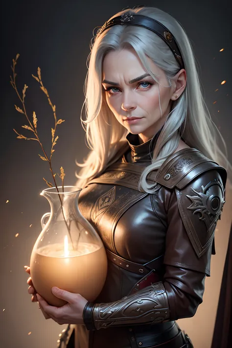 caricatures, woman with wrinkled face, worn and aged leather outfit, long gray hair, holding a beautiful clay vase with water, religious style illustration, glow effects, Dingdall effect, depth of field, high light, real light, ray tracing, oc rendered，hyp...