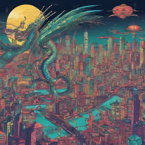 Chinese dragon flies over a big city at night, Bild hat Blaustich