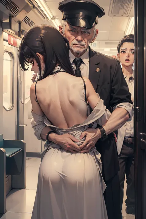 SFW, realista, obra maestra, VERY crowded subway train interior detailed scenario, VERY crowded subway train interior detailed background, Standing incredibly hot (mujer 1) usyo sexy ((uniforme escolar)), (((falda levantada)), (Grye), (Thigths gruesos), (f...