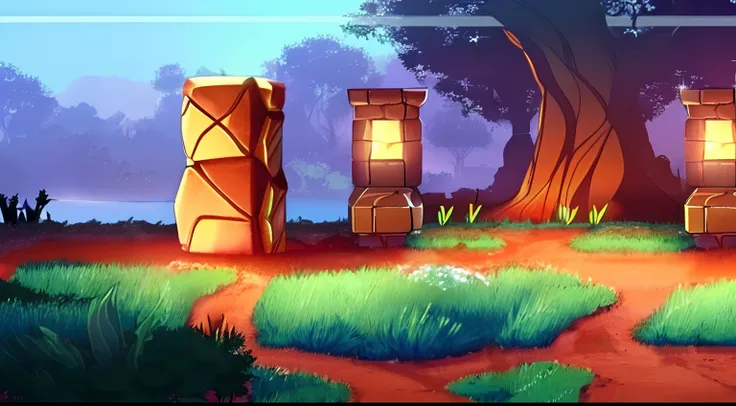 there's concept art for a 2d platformer, forest with trees and traces of an ancient civilization, (ruins) , (estrelas cadentes: ...