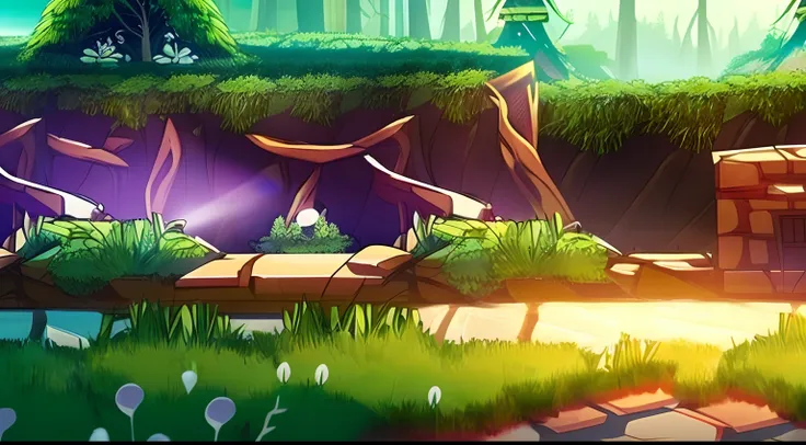 there's concept art for a 2d platformer, forest with trees and traces of an ancient civilization, (ruins) , (estrelas cadentes: ...