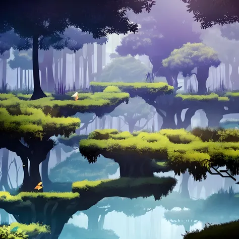 there is a horizontal platform of a mystical forest in a concept art for a 2d game, arte conceitual, paisagem horizonal, jogo de...