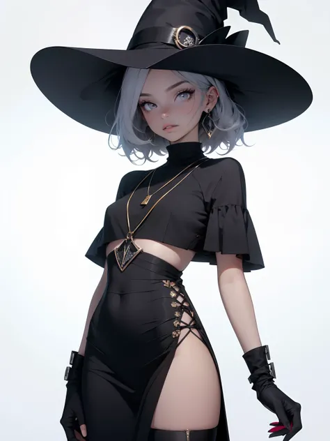 corpo todo, maquiagem, mascara, Lips are soft or colored, fundo preto simples, minimalismo, monotone, paletas de cores simples, limpo, Crisp drawings, silhuetas fluidas, lo gothic , half pants, vestido preto, witch hat, Saia, Asymmetric, geometric, roupas ...