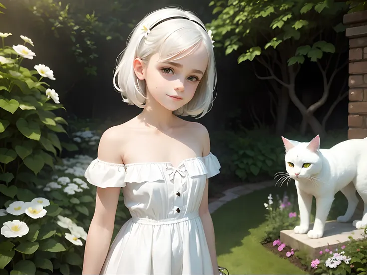 tween Emma Watson wearing a white strapless playsuit in the garden holding a white cat, small bust, small chest, cute smile, white hair accessories, white bracelet. white hair.