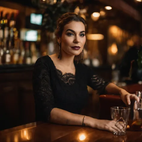 a girl sitting at a bar counter, blurred background, dimly lit, vibrant colors, bokeh, nightlife, drinks, cocktail glasses, elegant bartender, sophisticated atmosphere, reflection of lights on the counter, smoke from cigarettes, cozy and intimate setting