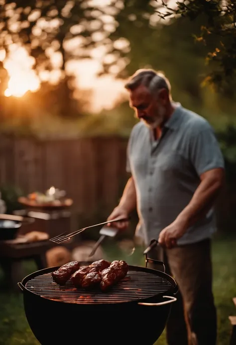 portrait of a father grilling bbq in the backyard at sunset