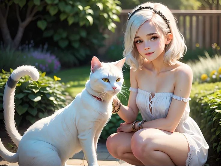 tween Emma Watson wearing a white strapless playsuit in the garden stroking a white cat, small bust, small chest, cute smile, white hair accessories, white bracelet. white hair.