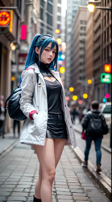 (Best quality,4K,8K,A high resolution,Masterpiece:1.2),Ultra-detailed,(Realistic,Photorealistic,photo-realistic:1.37),Long shot,Blue-haired girl, Hair falls on the left shoulder, Wears a white coat lined with red, blackminiskirt, Patterned stockings, High ...