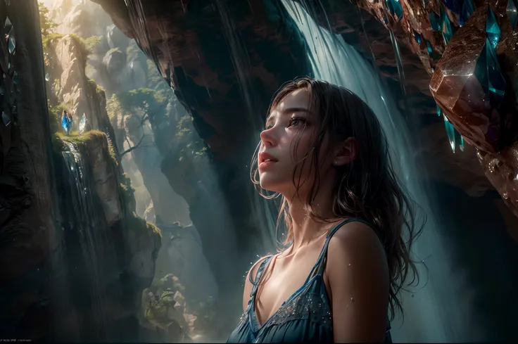 (best quality,4k,8k,ultra highres,masterpiece:1.2),ultra-detailed,(realistic,photorealistic,photo-realistic:1.37)Photorealistic rendering of a girl under a cave waterfall, ((crystal-clear reflections)), striking realism, dramatic lighting, intricate detail...